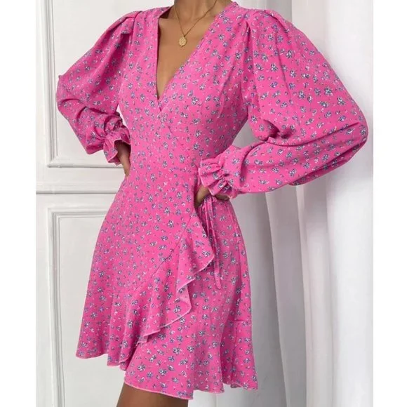 Pink Boho Ditsy Floral Flounce Long Sleeve Knot Side Mini Dress - Picture 4 of 6